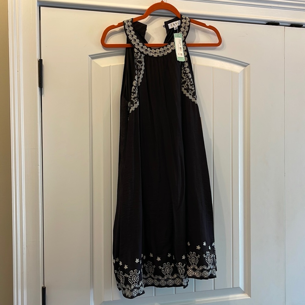 THML brand sleeves black dress with white embroidery detailing.